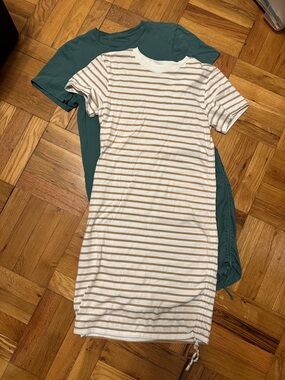 Universal Thread Cream & Tan Striped Midi T-Shirt Dress